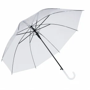 Gennemsigtig paraply med automatisk �bning i transparent PVC p� hvid baggrund med hvidt buet h�ndtag.