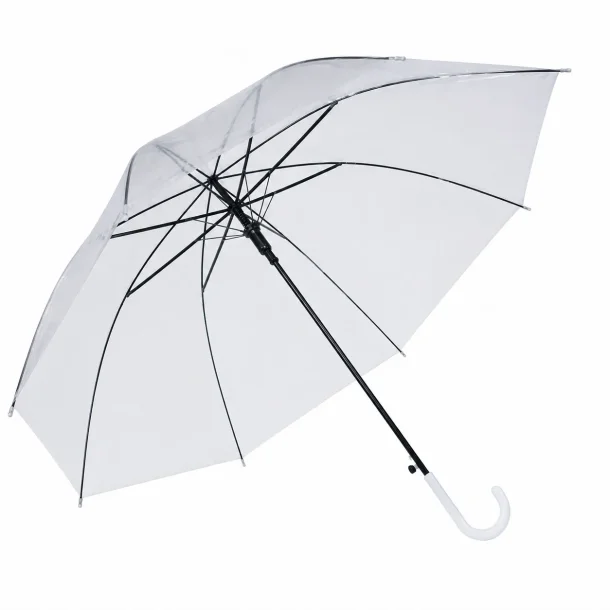 Gennemsigtig paraply med automatisk �bning i transparent PVC p� hvid baggrund med hvidt buet h�ndtag.