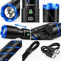 Detaljer af LED-lommelygtens front, batteridisplay, bl� designelementer, h�ndrem og USB-kabel.