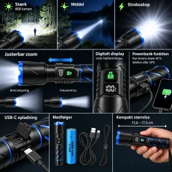 LED-lommelygte med n�rbilleder af lys, zoom, batteridisplay og USB-opladning.