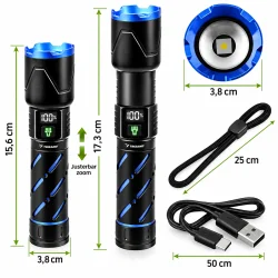 LED-lommelygte med m�l p� 15,6-17,3 cm, diameter p� 3,8 cm samt 25 cm h�ndrem og 50 cm USB-kabel.