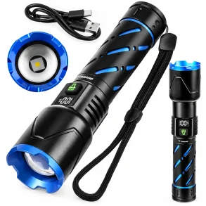 Genopladelig LED-lommelygte med h�ndrem, USB-kabel, zoom og digitalt batteridisplay.