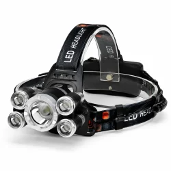 Genopladelig pandelampe med 5 x Cree T6 LED p� hvid baggrund til outdoor og l�b
