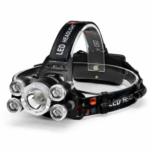 Genopladelig pandelampe med 5 x Cree T6 LED p� hvid baggrund til outdoor og l�b