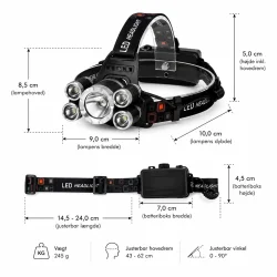 Genopladelig pandelampe med 5 x Cree T6 LED dimensionsgrafik med m�l og st�rrelser