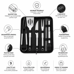 Grilltilbeh�r infografik med funktioner p� grillbestik s�t i rustfrit st�l