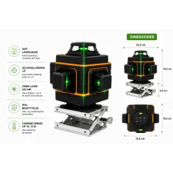 Dimensionsgrafik af gr�n krydslaser med m�l, 360� laserlinjer og tekniske specifikationer til opm�ling