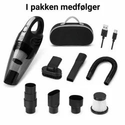 H�ndst�vsuger til bil med tilbeh�r, fleksibel slange og opbevaringstaske p� hvid baggrund