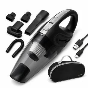 H�ndst�vsuger til bil tr�dl�s USB-C med HEPA filter og kraftig sugeevne p� hvid baggrund
