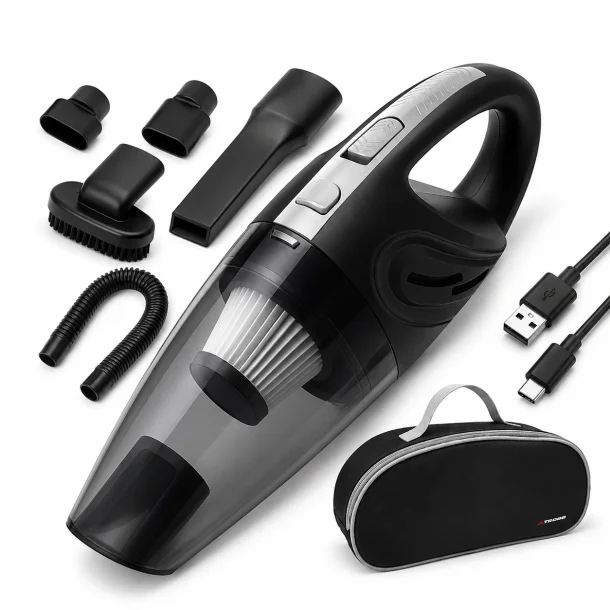 H�ndst�vsuger til bil tr�dl�s USB-C med HEPA filter og kraftig sugeevne p� hvid baggrund