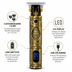 H�r og sk�gtrimmer med LCD-display, USB-opladning og pr�cisionsblad
