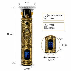 H�rtrimmer med m�l og dimensioner samt LCD-display med batterivisning