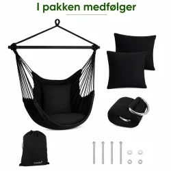 Hvad er der i pakken billede af h�ngestol med puder, oph�ngsstrop og opbevaringspose