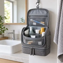 H�ngende toilettaske med krog, �ben og organiseret med toiletartikler p� badev�relset