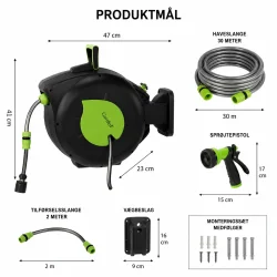 Haveslange 30 meter med automatisk opruller, spr�jtepistol, v�gbeslag og produktm�l
