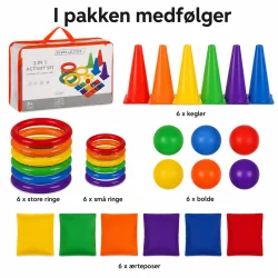 Havespil b�rn pakkens indhold med 6 kegler, 12 ringe, 6 bolde, 6 �rteposer og praktisk opbevaringstaske