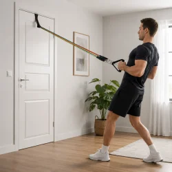 Hjemmetr�ning med tr�ningselastikker og d�ranker til rygtr�ning, styrketr�ning og full body workout