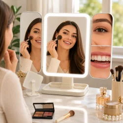 Hollywood spejl med LED-lys i brug ved sminkebord med naturligt dagslys og fokus p� pr�cis makeup