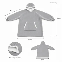Hoodie t�ppe med h�tte og k�ngurulomme vist med m�l p� 95 cm i l�ngden