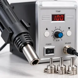 Hot air station i close-up med varmluftskolbens metalmundstykke, betjeningspanel og tre dyser
