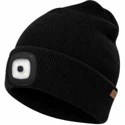 Hue med aftagelig LED-lygte vist sammen med USB-opladning, lysfunktioner og vask.