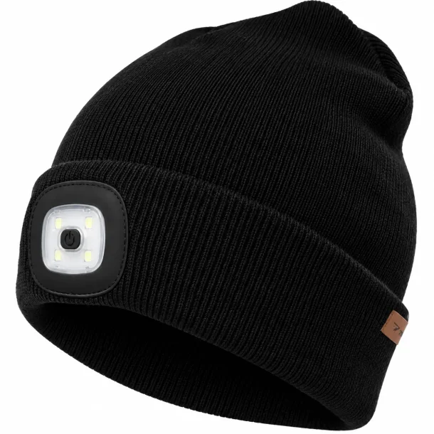 Hue med aftagelig LED-lygte vist sammen med USB-opladning, lysfunktioner og vask.