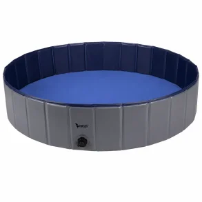Hundebassin 120 cm med skridsikker bund, afl�bsventil og sammenklappeligt design p� hvid baggrund