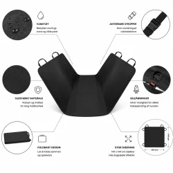 Dimensionsgrafik af hundet�ppe til bil med m�l p� 144x144 cm og foldbart bags�de cover