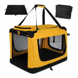 Foldbart hundebur til bil i gul og sort med ventilation, metalramme og bl�d bundm�tte p� hvid baggrund