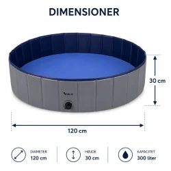 Hundepool med dimensioner der viser 120 cm diameter, 30 cm h�jde og 300 liters kapacitet