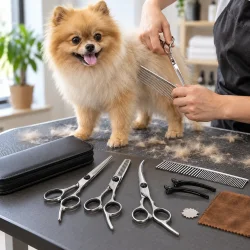 Hundesaks og groomingudstyr anvendt til klipning og pelspleje af hund