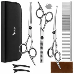 Hundesaks s�t med tre sakse, metalkam, h�rsp�nder, n�gle, klud og sort etui