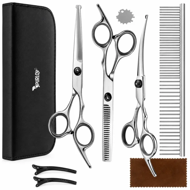 Hundesaks s�t med tre sakse, metalkam, h�rsp�nder, n�gle, klud og sort etui