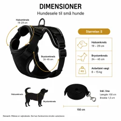 Hundesele til sm� hunde med m�l for halsomkreds, brystomkreds og line vist i dimensionsgrafik