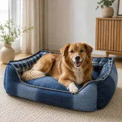 Hundekurv XL 72x56 cm med mellemstor hund i moderne stue med naturligt dagslys