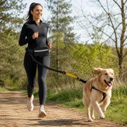 Hundesnor til l�b brugt af kvinde p� l�betur med stor hund i naturen med hands free canicross b�lte