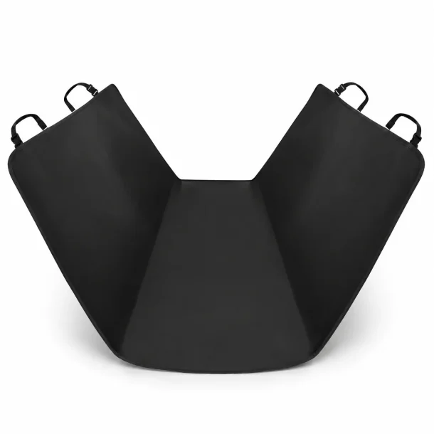 Hundet�ppe til bil vandt�t i sort design som bags�de cover med justerbare stropper p� hvid baggrund