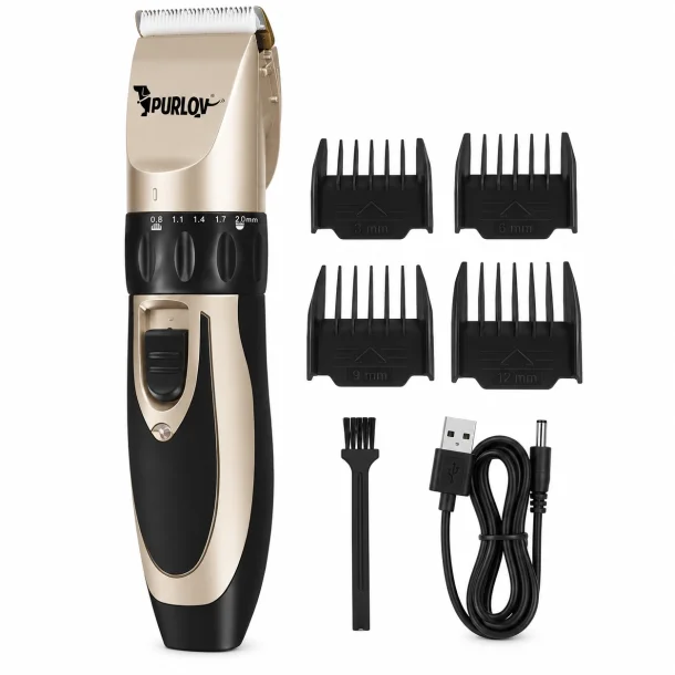 Hundetrimmer s�t med fire afstandskamme, reng�ringsb�rste og USB-ladekabel
