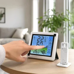 Inde ude termometer og tr�dl�s vejrstation i moderne hjem med person der betjener display