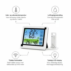 Indeklima m�ler med tr�dl�s sensor og infografik over temperatur og luftfugtighed