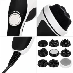 Massageapparat med n�rbilleder af massagehoved, h�ndtag og ni udskiftelige massagehoveder.