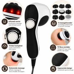 Massageapparat med infrar�d varme, trinl�s hastighed, roterende massage og ni massagehoveder.