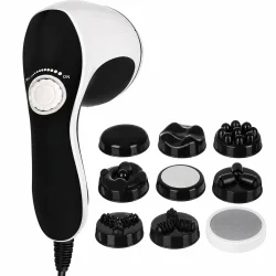 Infrar�dt massageapparat i sort og hvid med ni udskiftelige massagehoveder.