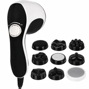 Infrar�dt massageapparat i sort og hvid med ni udskiftelige massagehoveder.
