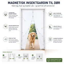 magnetisk insektgardin til d�r infografik viser automatisk lukning og insektbeskyttelse