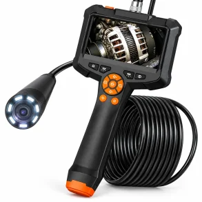 Inspektionskamera med h�ndholdt sk�rm, fleksibelt kabel og kamerahoved med LED-lys.