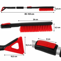 Teleskopisk isskraber med m�langivelser: l�ngde 85&ndash;103 cm, b�rstehoved 26 cm og skrabehoved 10,5 � 10,5 cm.