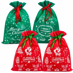 Fire jules�kke til julegaver i r�d og gr�n med hvide julemotiver og kontrastfarvede sn�reb�nd.
