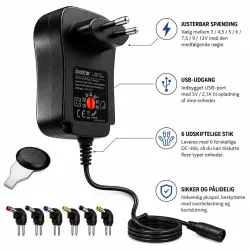 Justerbar str�mforsyning 3-12V med USB-port, 6 udskiftelige DC-stik og 30W effekt