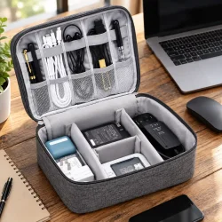 �ben kabel organizer med kabler, opladere og elektronik placeret p� et skrivebord ved en b�rbar computer.